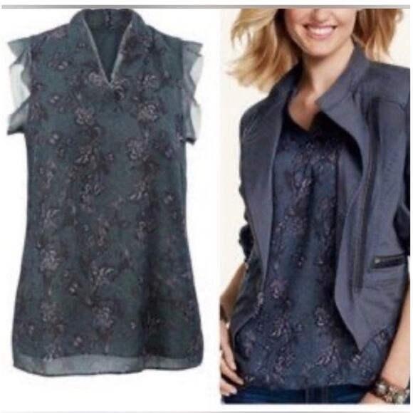 Cabi Evermore Flutter Sleeve Blouse Deep Teal Birds Butterfly Size S #3065 - Picture 1 of 9